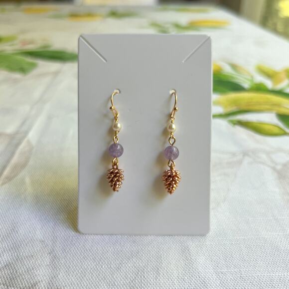 Amethyst Pearl Pinecone Earrings, Forest Autumn Fall Nature Casual Fun Earrings - Picture 1 of 8